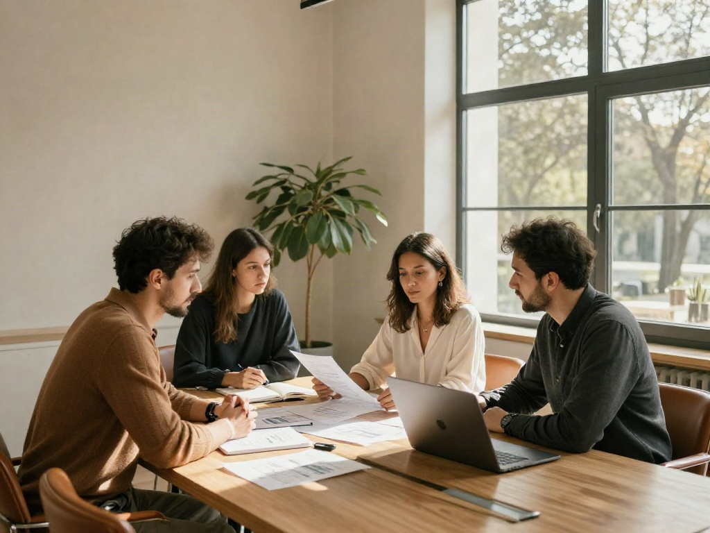 Consultants discussing business strategy around a sunlit oak conference table